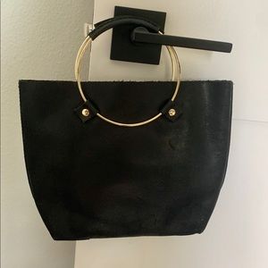 Black Leather Handbag with Gold Ring Handles